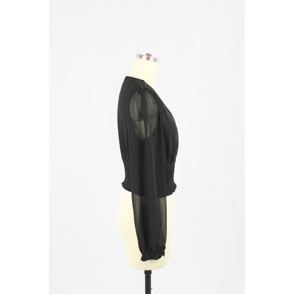 Aritzia WILFRED Wistful Black Chiffon Smocked Puff Sleeve V-Neck Blouse, Size S - Picture 2 of 15